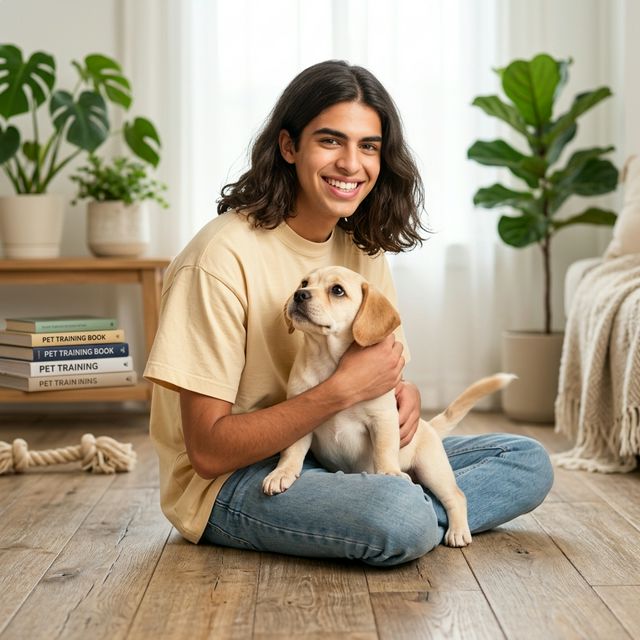 Tutor cuidando do cachorro em casa